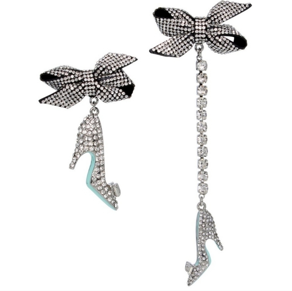🩶▪️Betsey Johnson Rhinestone High Heel Shoes & Bows Mismatched Dangle Earrings